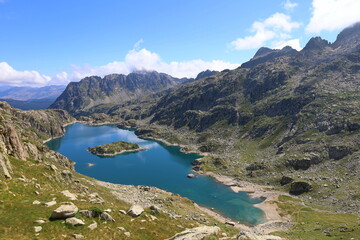 Mountain lake Lac de Mar in Aiguestortes and Sant Maurici National Park, GR11 long-distance hiking trail, Pyrenees