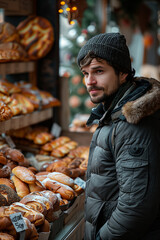Young man in a winter coat browsing fresh baked bread at an outdoor market, enjoying the cozy ambiance of a holiday season.