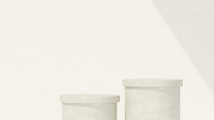 Background featuring an empty product display mockup with a beige backdrop and abstract geometric platforms designed for showcasing merchandise in landscape orientation.