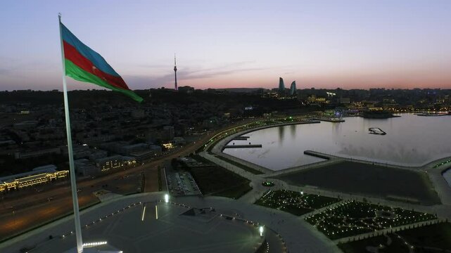 Aerial Azerbaijani Flag Waving in Baku city, Baku city and azerbaijani flag