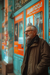 Senior man with glasses in an urban setting, standing near a vibrant orange wall with posters, deep in thought, city street background.