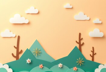 Paper cut out mountain landscape with clouds, trees, flowers, and snowflakes on a peach background.