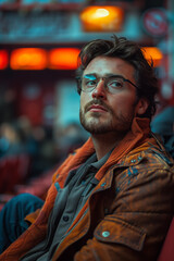 Young man with glasses in an urban setting, wearing an orange jacket, looking thoughtfully into the distance, city nightlife background.