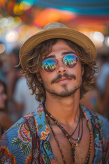 Colorful Bohemian Portrait of a Trendy Young Man with Sunglasses and Straw Hat at a Vibrant Outdoor Festival, Capturing a Carefree Summer Vibe