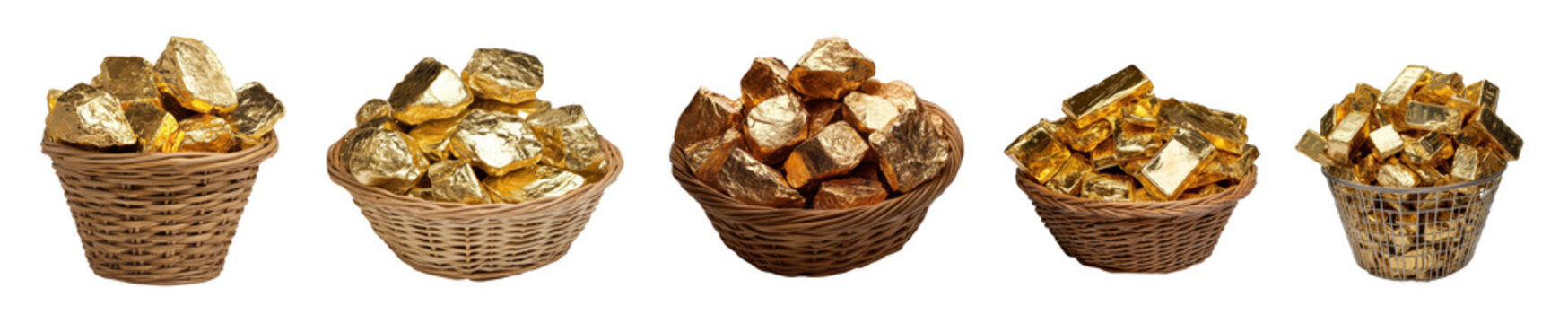 Baskets of Gold Nuggets, Wicker and metal baskets filled with shiny gold rocks, Wealth Symbol