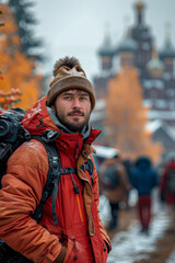 Adventurous Portrait of a Young Male Traveler in a Snowy Historic Village, Wearing Winter Gear and Backpack, Exploring Cultural Landmarks during Autumn