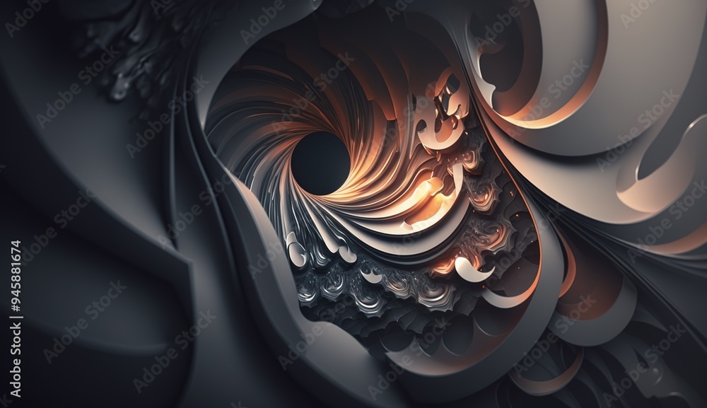 Poster abstract close-up of flowing textures illuminated by warm light in a dark, surreal environment