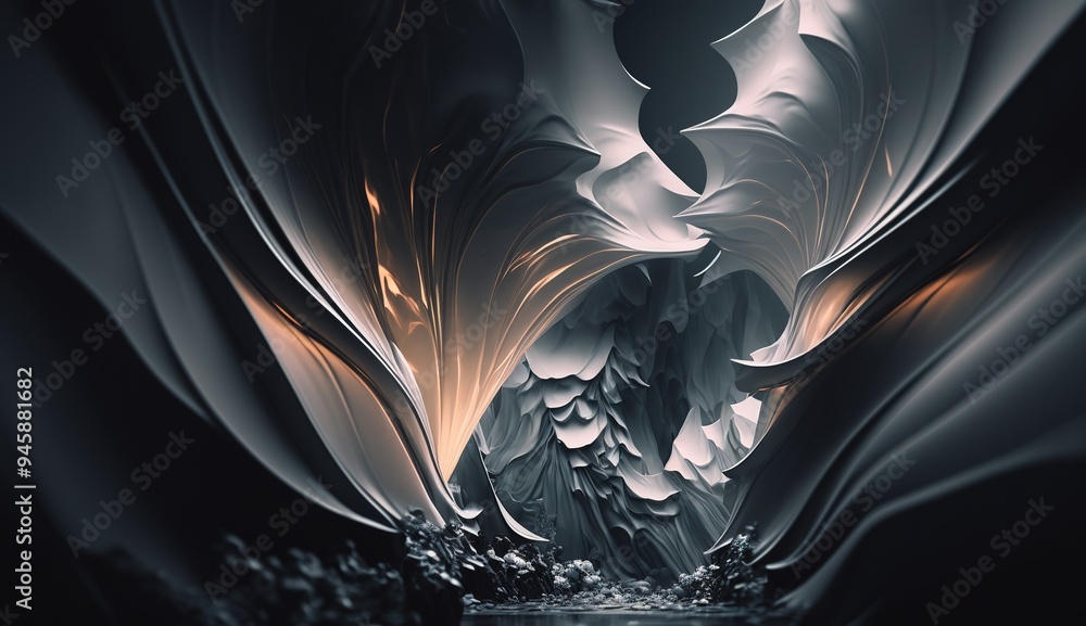Poster abstract close-up of flowing textures illuminated by warm light in a dark, surreal environment