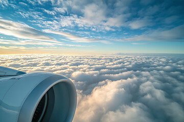 View of airplane engine and clouds from the window