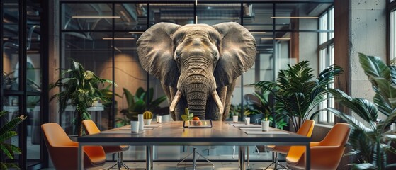 A surreal image of an elephant in a modern office meeting room with plants, chairs, and decor. Symbolizes the presence of an awkward or unusual topic in a conventional setting.