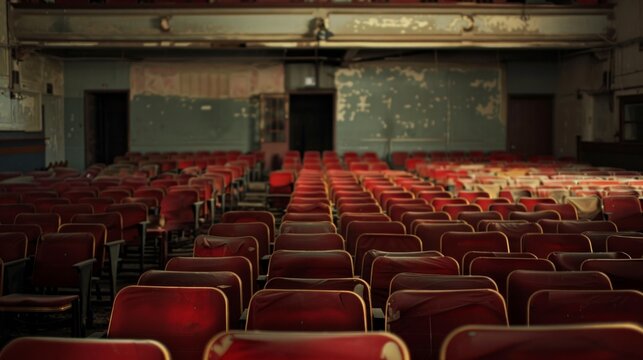 An old, empty theater with worn red seats and peeling walls exudes a desolate atmosphere of neglect and past vibrancy, hinting at bygone performances and history.