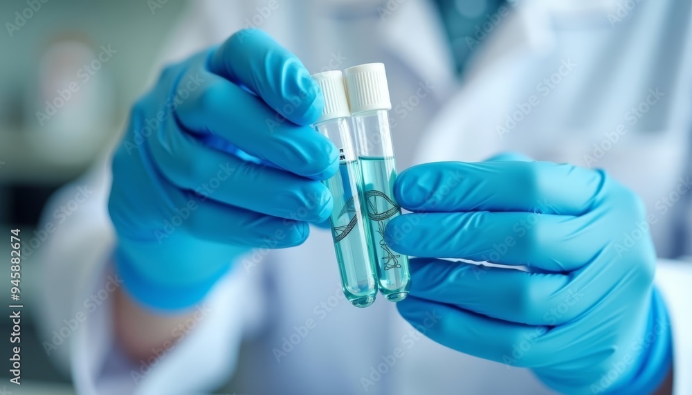 Poster precision in science a scientists gloveprotected hand with test tubes