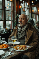 Pensive Man Enjoying a Cozy Winter Meal in a Rustic Cafe