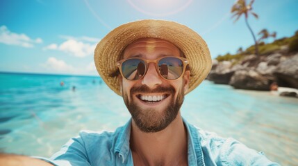 close-up shot of a good-looking male tourist. Enjoy free time outdoors near the sea on the beach. Looking at the camera while relaxing on a clear day Poses for travel selfies smiling happy tropical