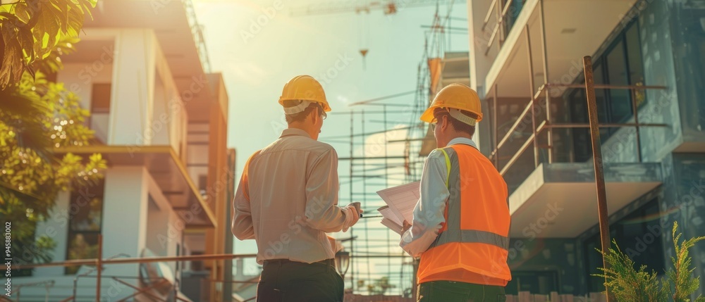 Wall mural two professionals in safety gear on a construction site with architectural drawings, discussing a pr