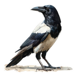 Fototapeta premium A vivid drawing shows a Black-billed Magpie perched on a branch, facing right. The bird is detailed with white and black plumage, a black head, and a yellow bill, set against a white background