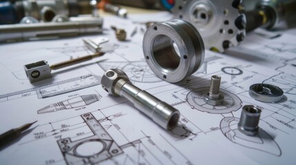 The image shows a desk cluttered with tools, gears, and documents related to mechanical engineering work, conveying a precise and focused atmosphere essential for tasks in this field.
