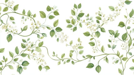 Obraz premium A decorative pattern featuring green leaves and white flowers on a light background.