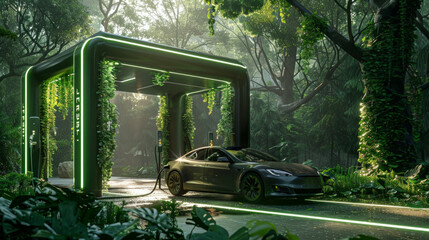 An electric car charges in a green setting, symbolizing harmony between tech and nature. The serene ambiance highlights sustainability and eco-friendly transport.