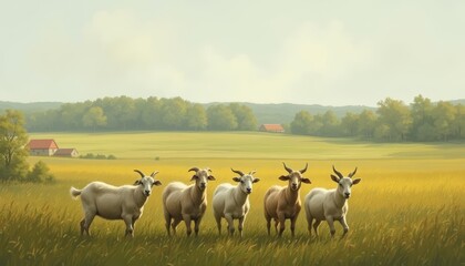 Peaceful rural scene with goats in a field