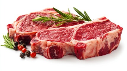 Two raw ribeye steaks garnished with fresh rosemary and peppercorns on a white background.