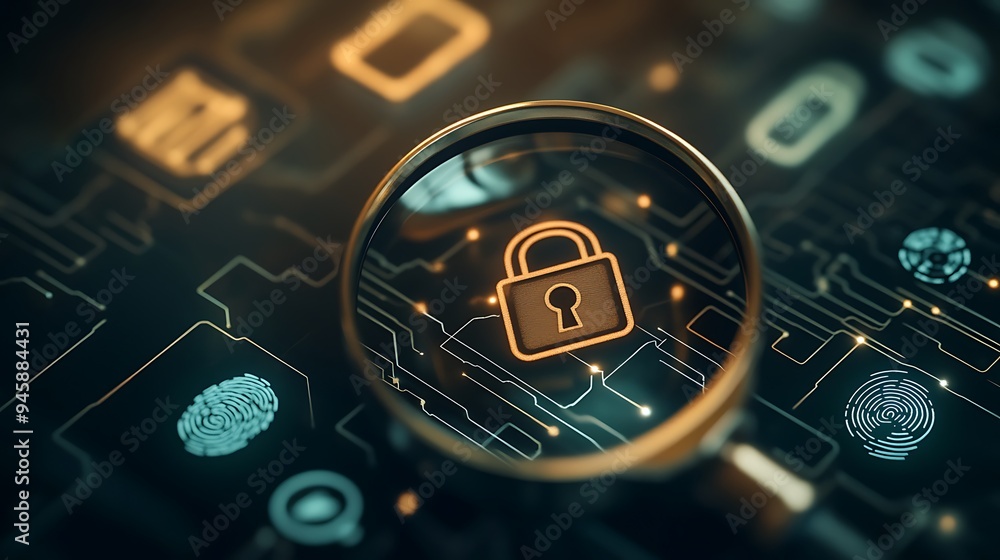 Poster exploring cybersecurity through a magnifying glass on digital lock