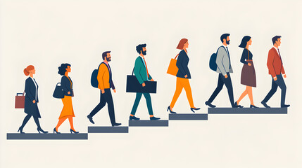 
Business Leadership Concept. Vector illustration in flat style of a group of diverse people in business outfits walking up the steps following a leader looking ahead,pastel color Isolated on backgrou