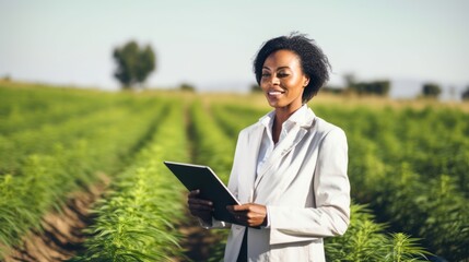 Fototapeta premium Confident African businesswoman in professional attire inspecting crops on a farm, 