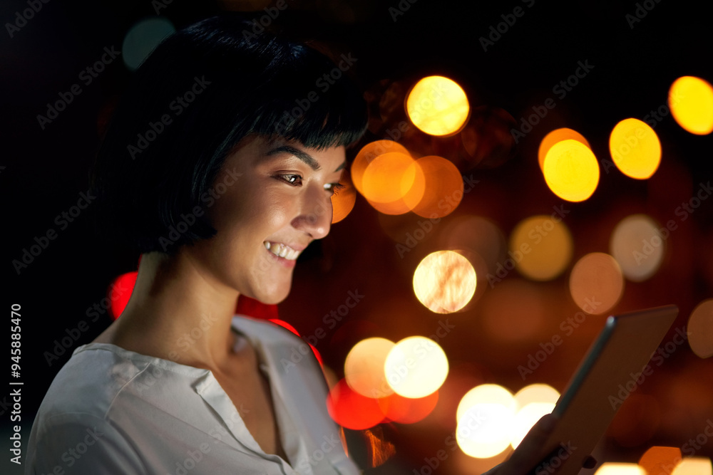 Poster tablet, night and happy business woman in city for info, research story and news on deadline. tech, 