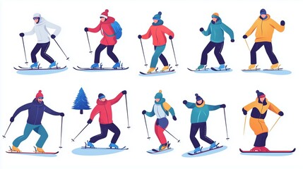 Various skiers of different skill levels skiing down a snowy slope in winter attire showcasing diverse techniques and styles