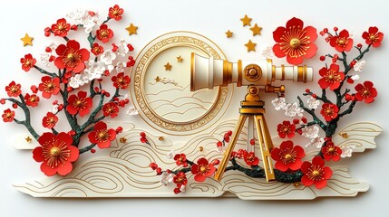 Paper Art  Telescope & Cherry Blossom