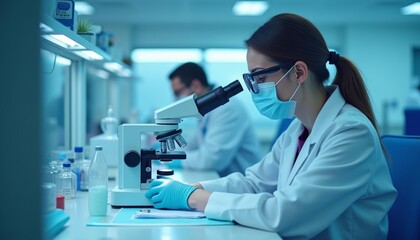 Focused scientist studying under microscope