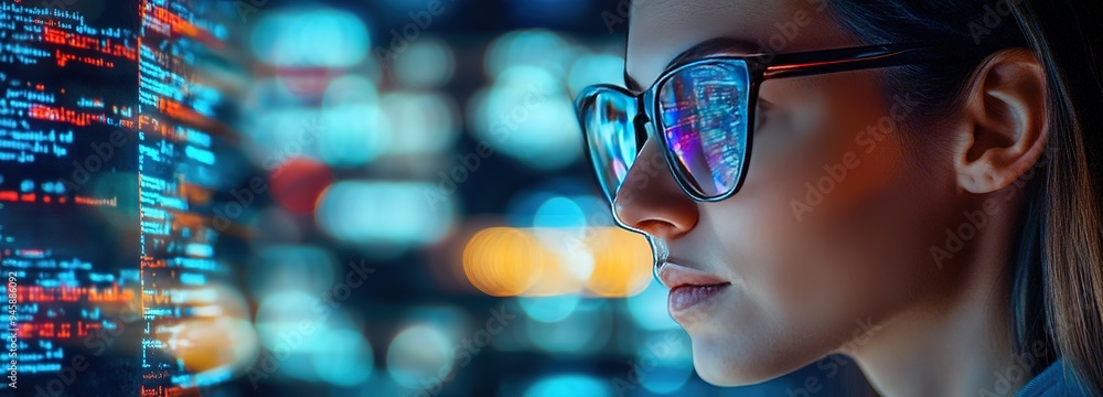 Poster a woman analyzing complex data on a digital screen in a modern workspace during evening hours