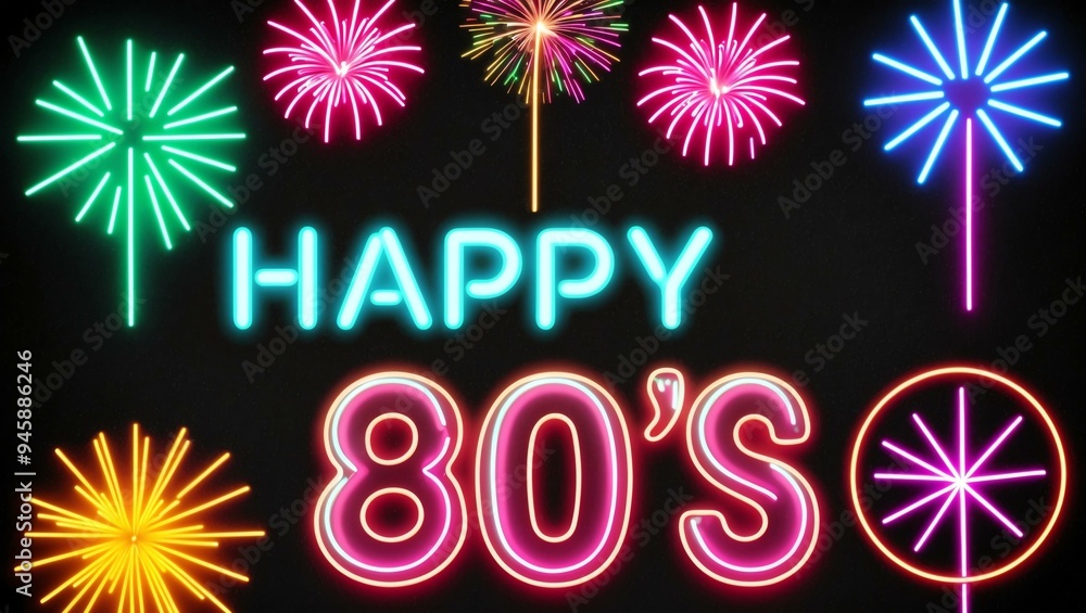 Wall mural festive neon backlit style of the word happy 80s with neon fireworks on a black grainy background