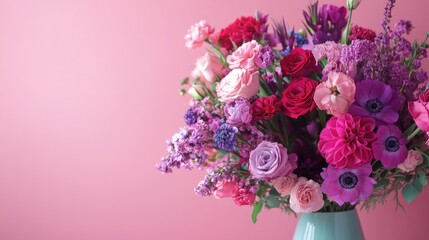 A vibrant bouquet of purple and pink flowers, arranged in a vase against a soft pink background,