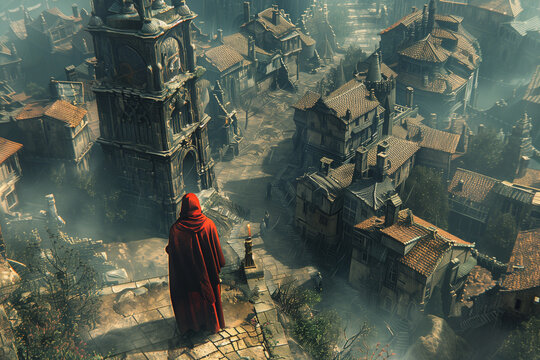 Watcher in Red Overlooking a Misty Medieval Cityscape
