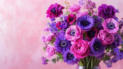 A vibrant bouquet of purple and pink flowers, arranged in a vase against a soft pink background,