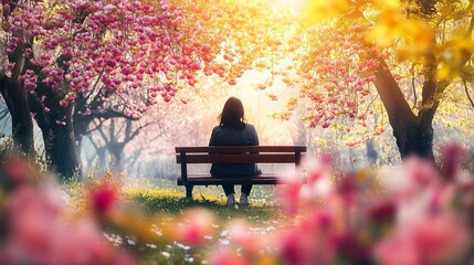 A serene scene of a person sitting on a bench under blooming trees in a tranquil setting.