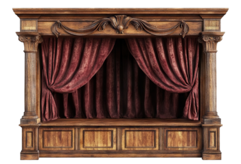 Ornate wooden stage with red curtains, isolated on transparent cutout background