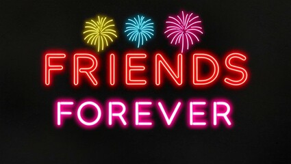 Obraz premium festive neon backlit style of the word friends forever with neon fireworks on a black grainy background