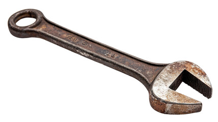 Old rusty wrench, isolated on transparent cutout background