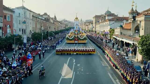 Colorful procession in the streets of a vibrant city during a cultural festival celebration in the afternoon