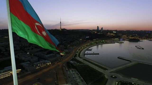 Aerial Azerbaijani Flag Waving in Baku city, Baku city and azerbaijani flag