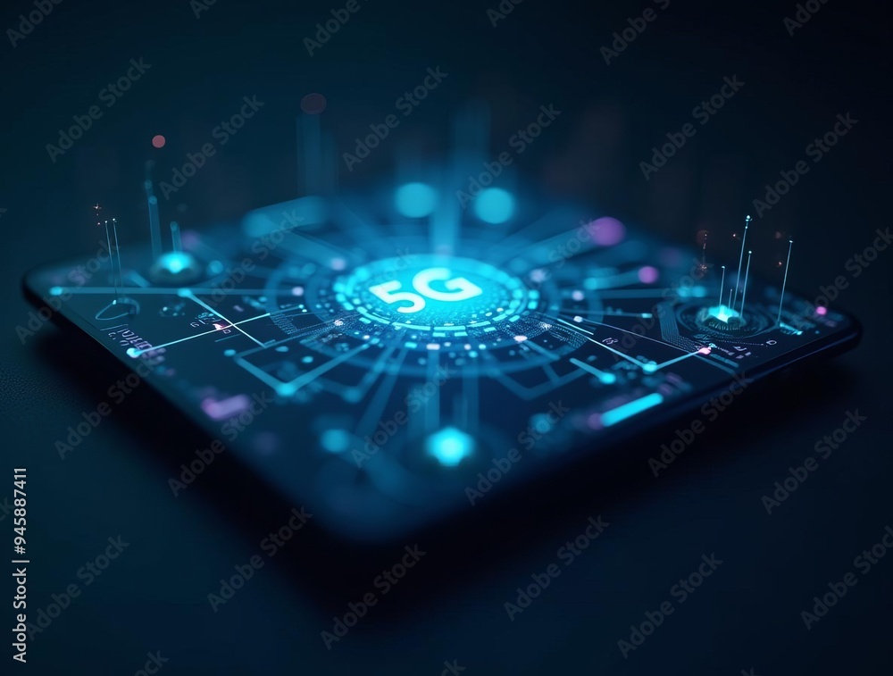 Poster quantum computing chip: futuristic microprocessor with glowing blue energy core