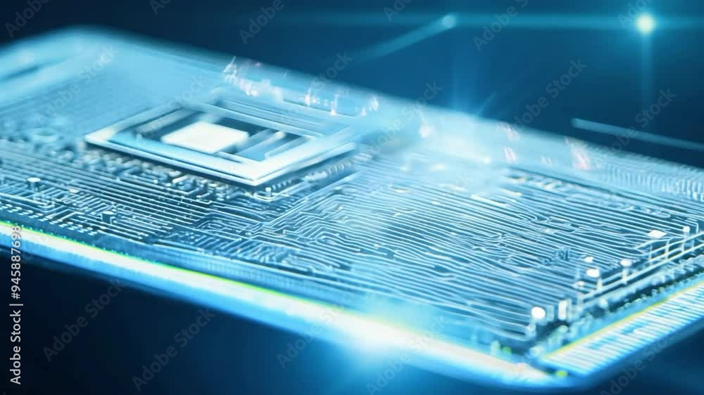 Poster exploring the intricate design of a microchip in a high-tech manufacturing facility during the produ