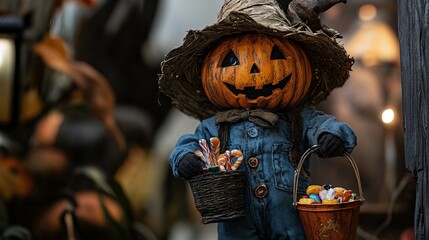 Halloween scarecrow baby doll statue with a pumpkin head wearing a straw hat and holding a candy bucket full-body view spooky yet playful