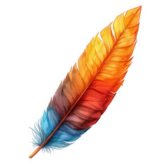 A vibrant, watercolor illustration of a single bird feather, showcasing a blend of orange, red, blue, and purple hues