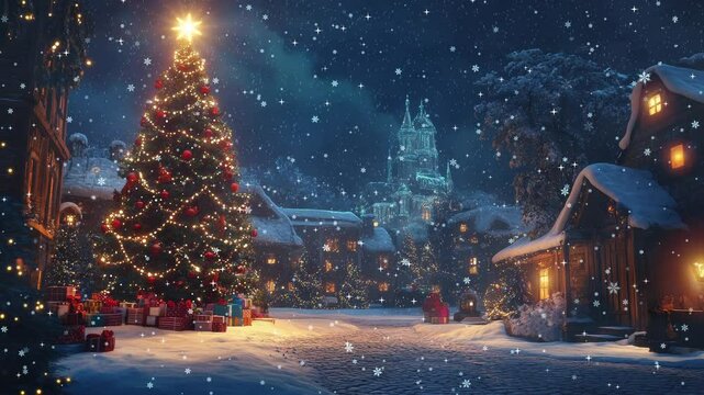 Christmas eve in the town - xmas tree on the city square, snow and ice, frozen urban scene