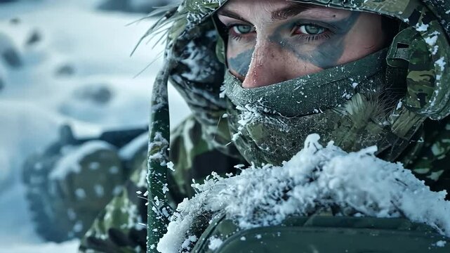 Amidst a snowy landscape, a female soldier clad in winter camouflage assembles a Starlink setup, her breath visible in the cold air