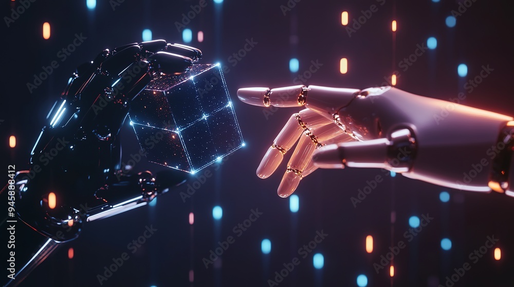 Poster two hands reaching out to share a glowing digital cube against a backdrop of connected networks and 